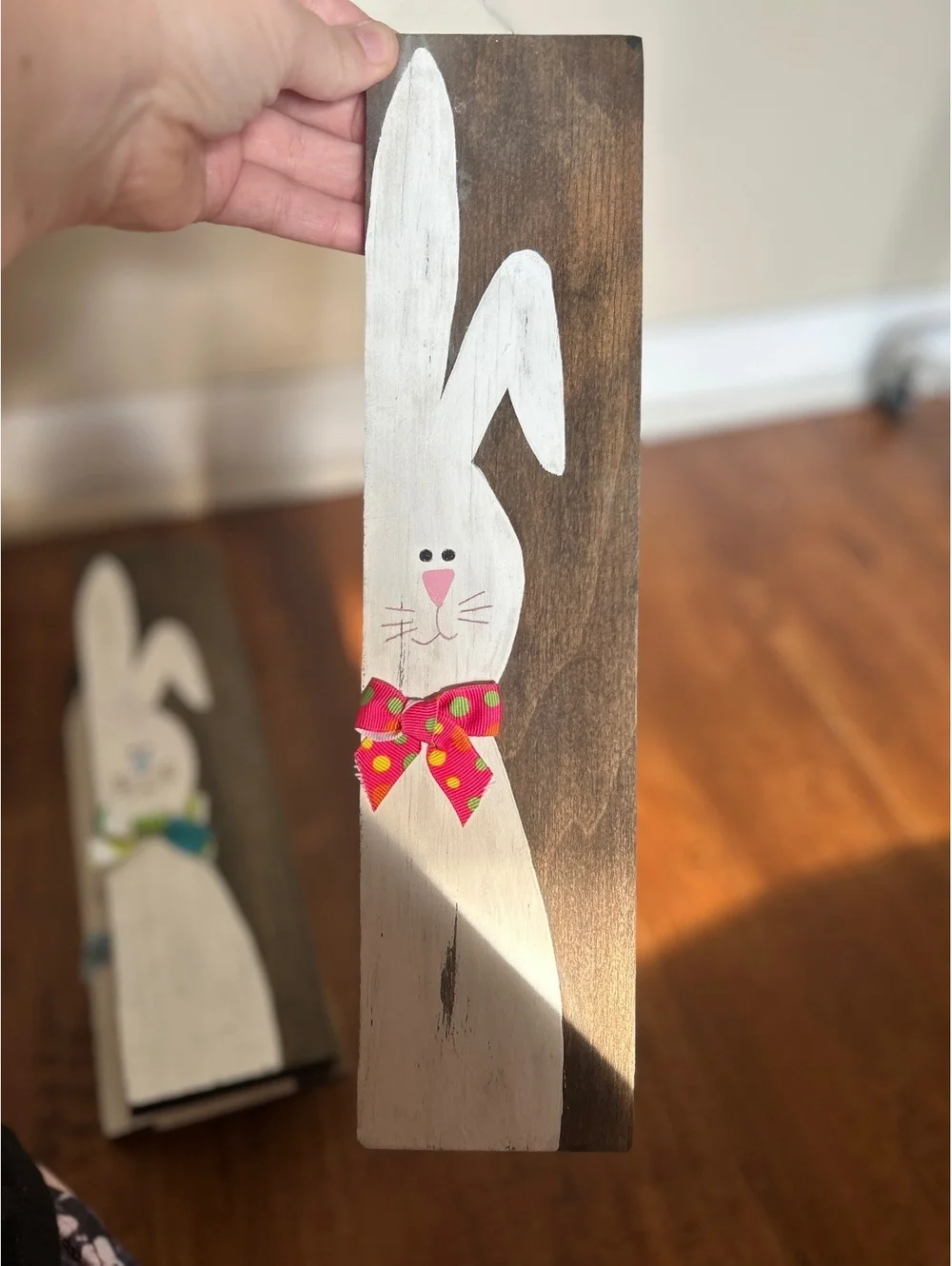 Hand-Painted Wooden Bunny Wall Art with Pink Bow